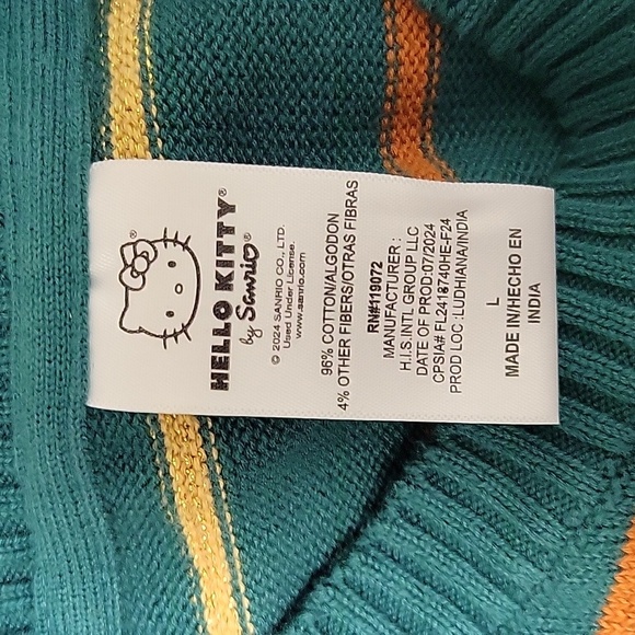Hello Kitty By Sanrio, Girls Teal Striped Crewneck Sweater, Sz Large - Picture 4 of 5